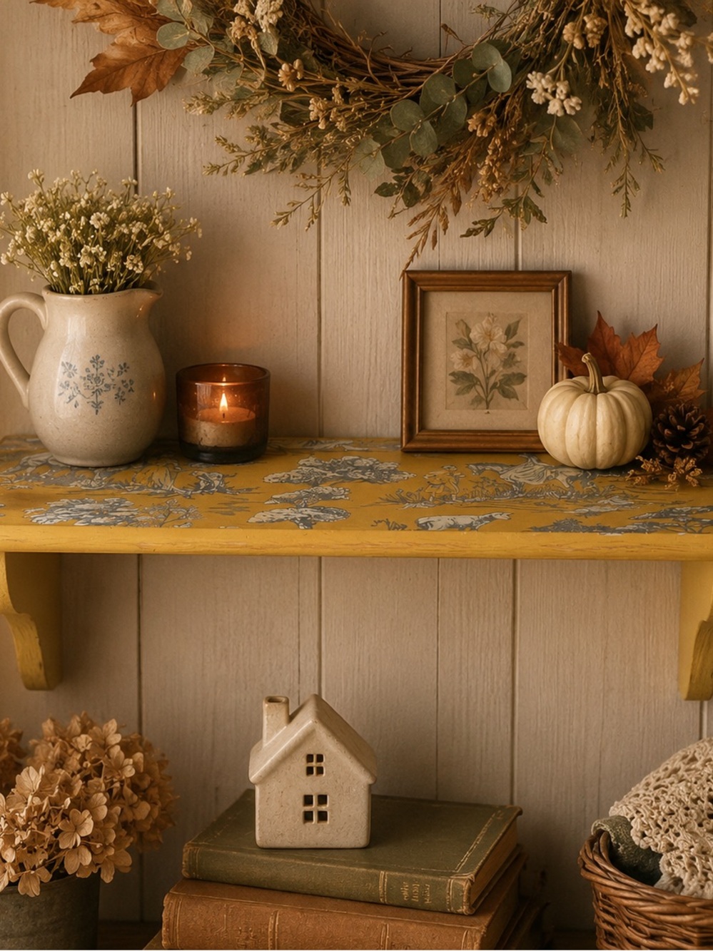 Rustic Yellow Decorative Wall Shelf w/English Toile Transfer.